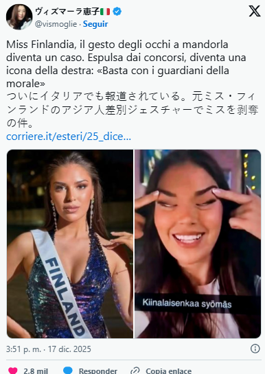 Retiran corona a Miss Finlandia tras polémica por foto considerada racista